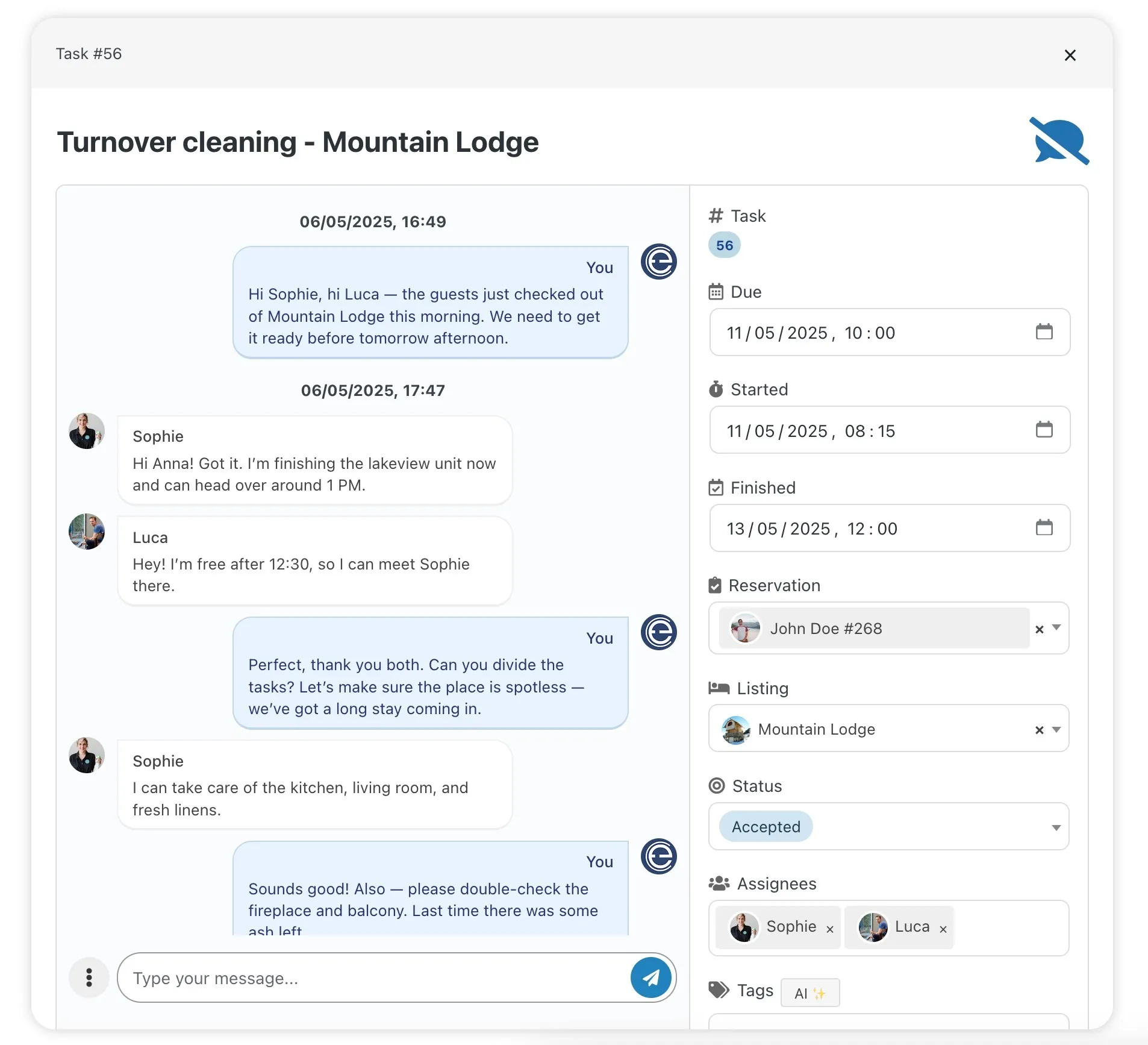 Communication between hotel manager and housekeeping staff Hotel manager discussing daily tasks with the housekeeping team