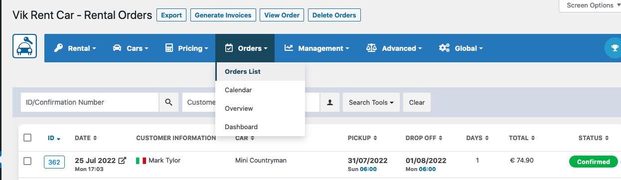 Vik Rent Car - Orders