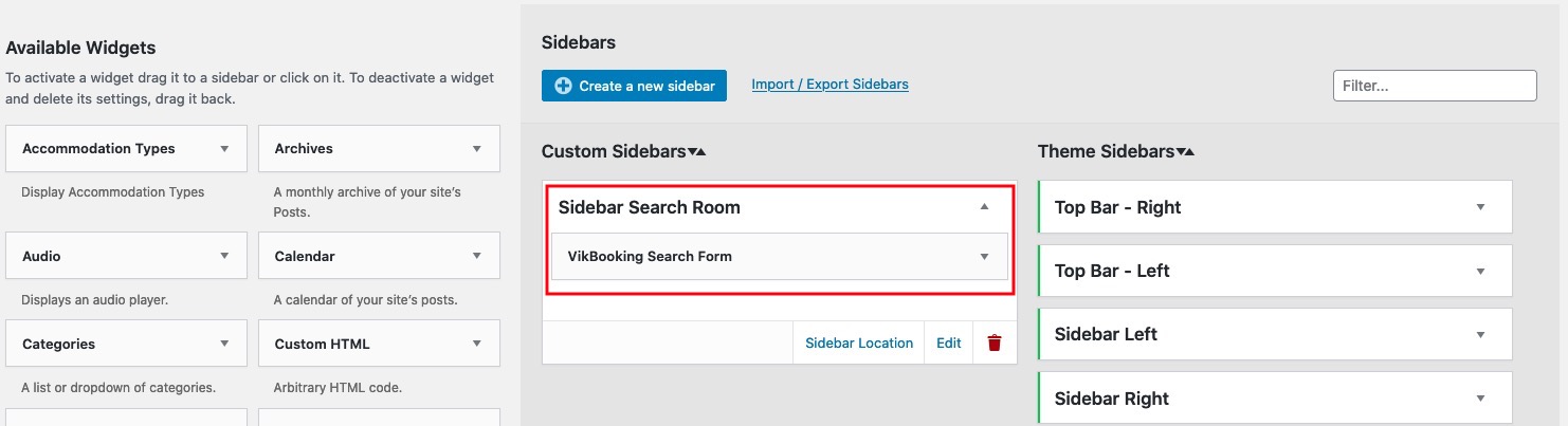 Add a Vik Booking widget to the custom sidebar