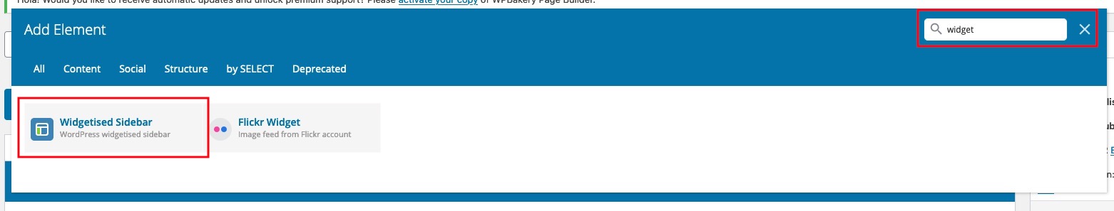 Searh for a new widget area with WPBakery
