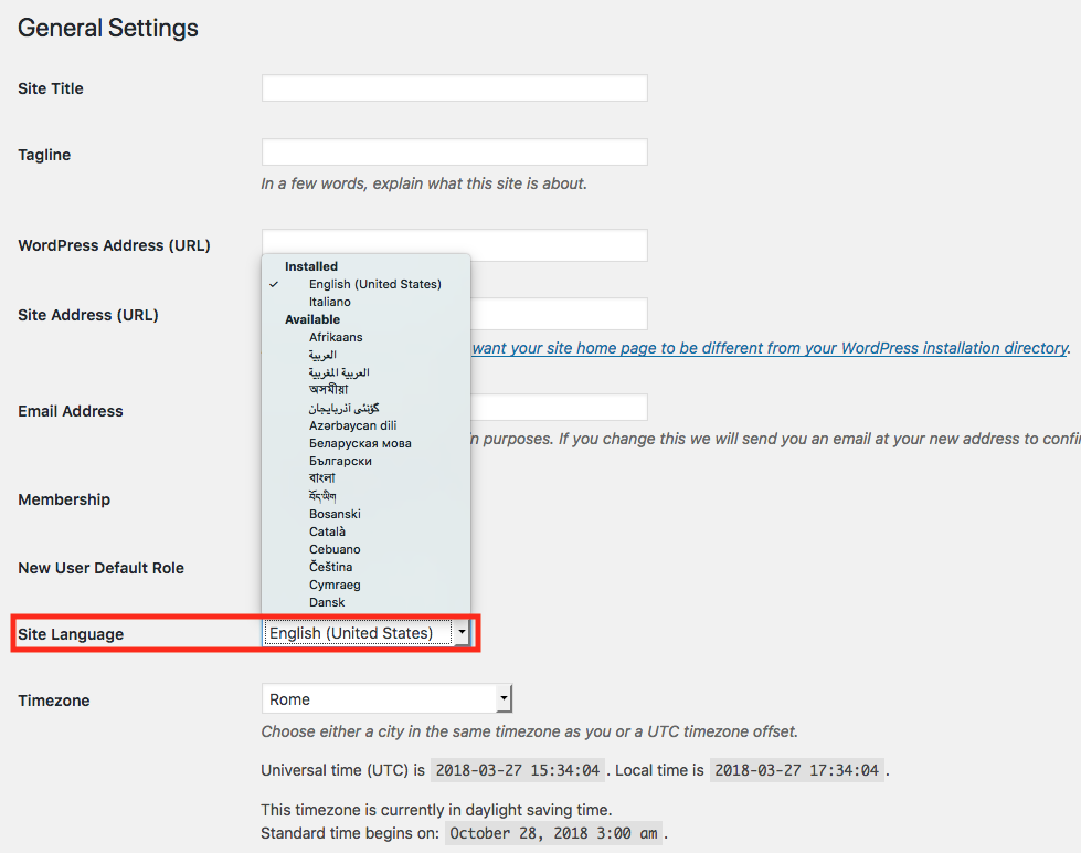 WordPress Site Language setup