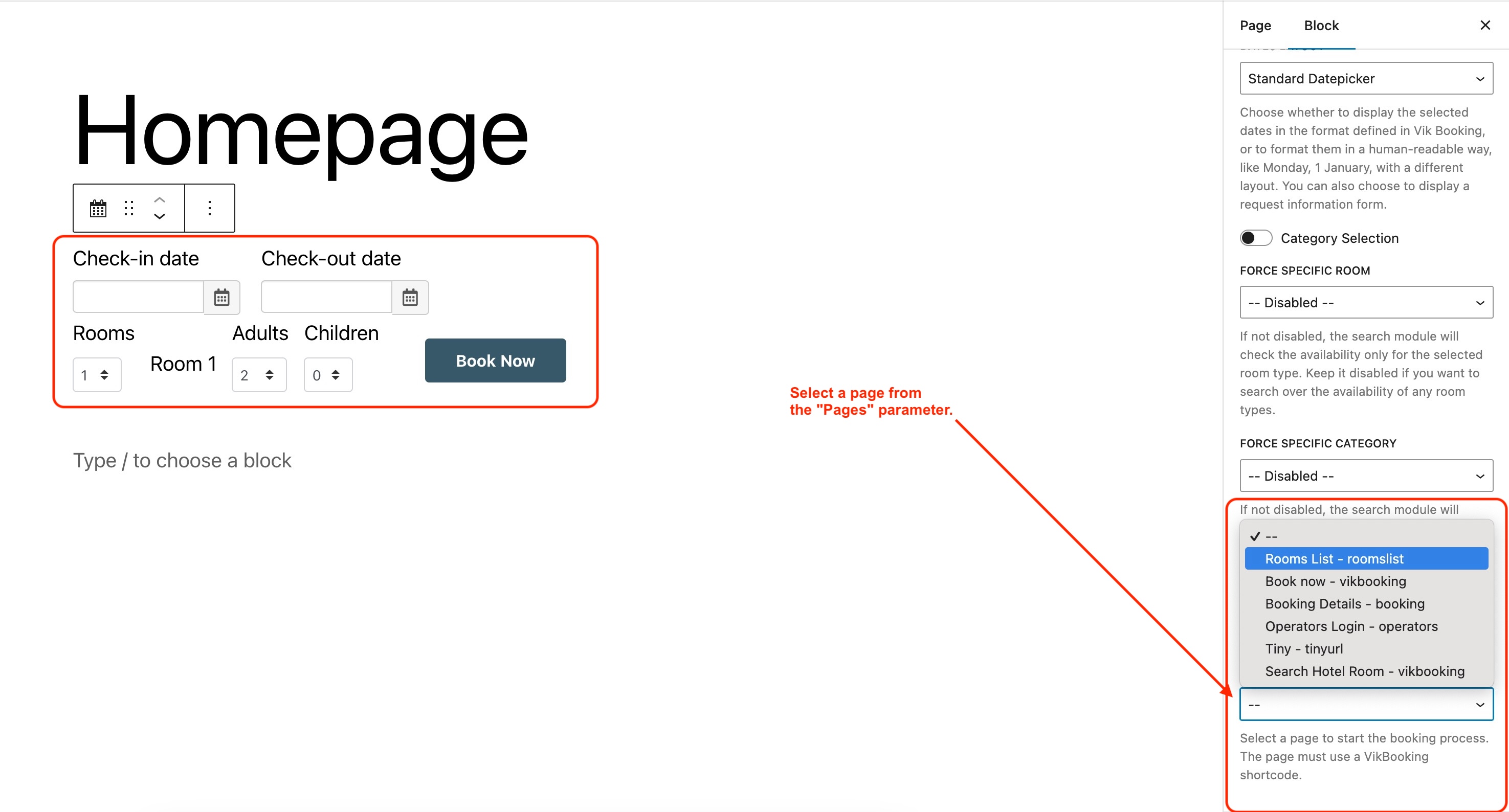 Select a page on the Vik Booking widget