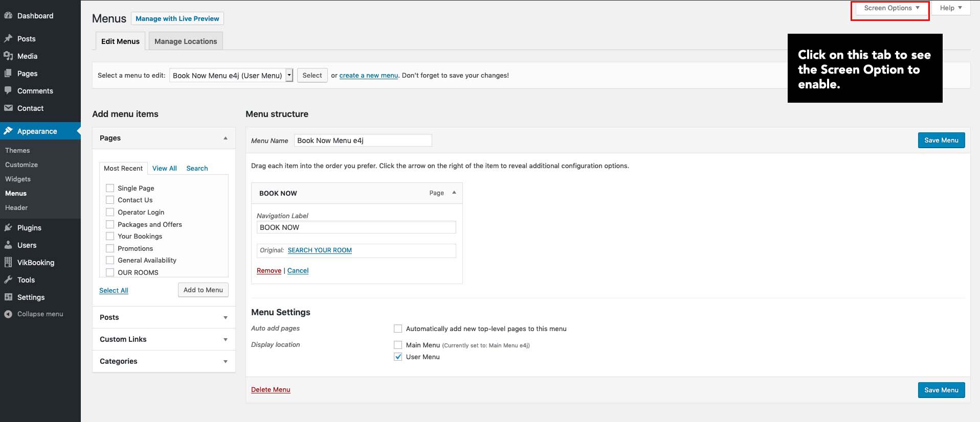 WordPress Menu Screen Options WordPress Menu Screen Options