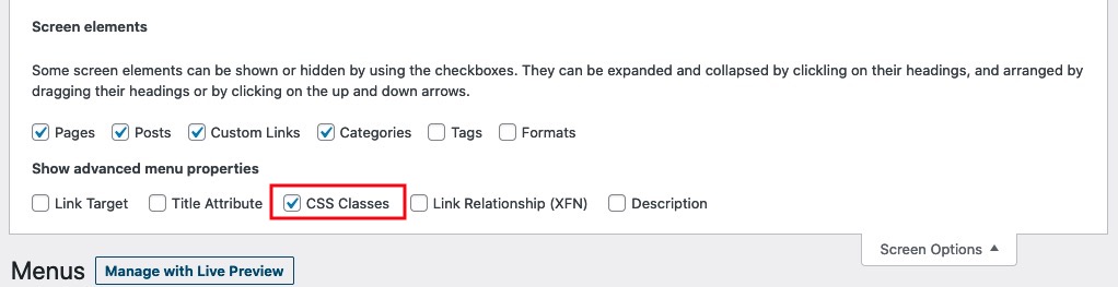 WordPress Screen Options CSS classes