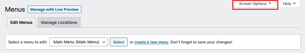 WordPress Screen Options menu parameters