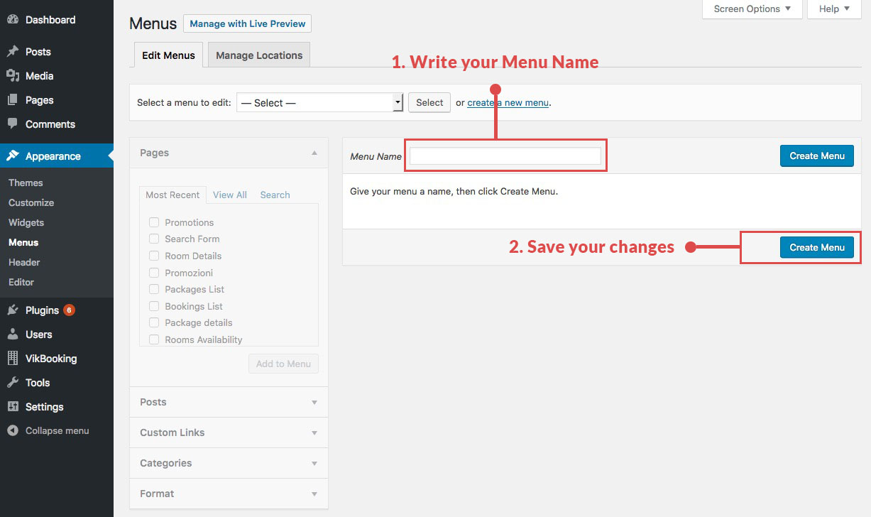 Create menu on WordPress