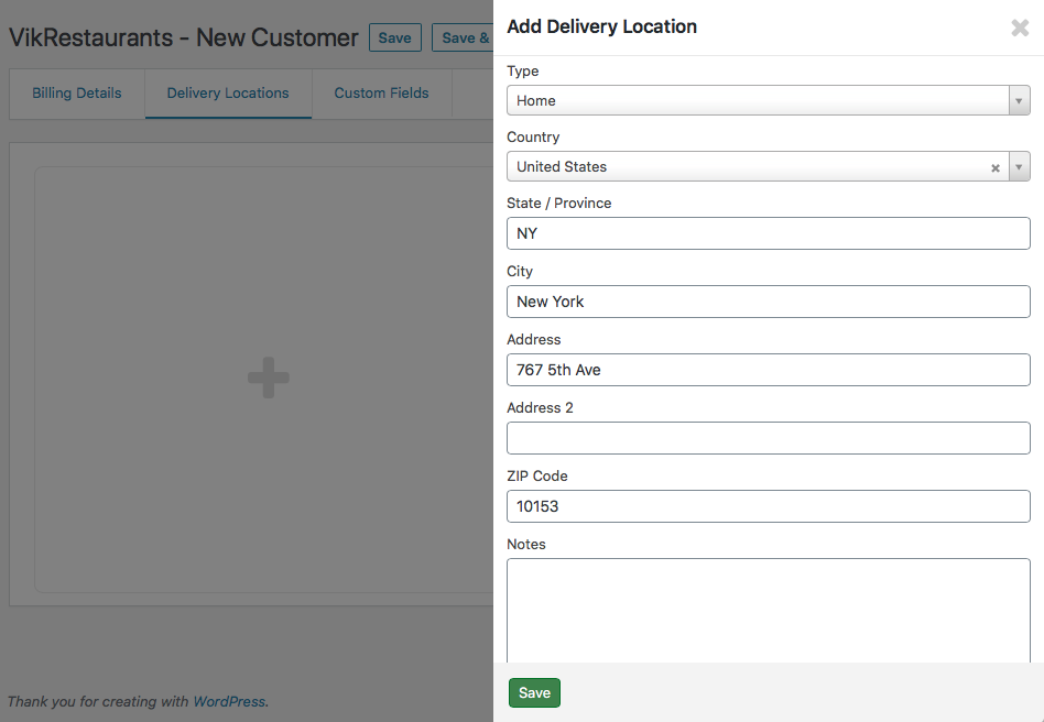 VikRestaurants - Create Delivery Location