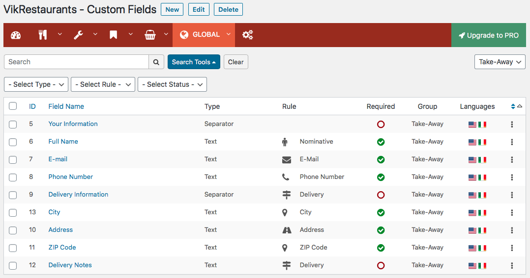 VikRestaurants - Custom Fields Filters