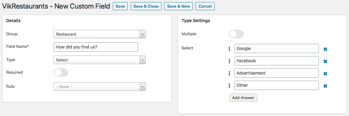 VikRestaurants - Custom Fields Management