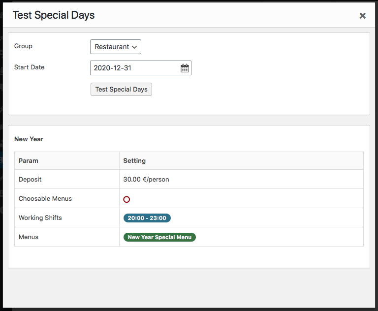 VikRestaurants - Special Days - Testing Tool