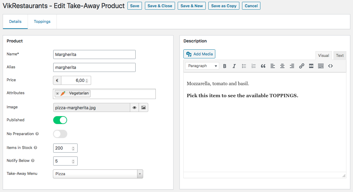 VikRestaurants - Take-Away Product Management