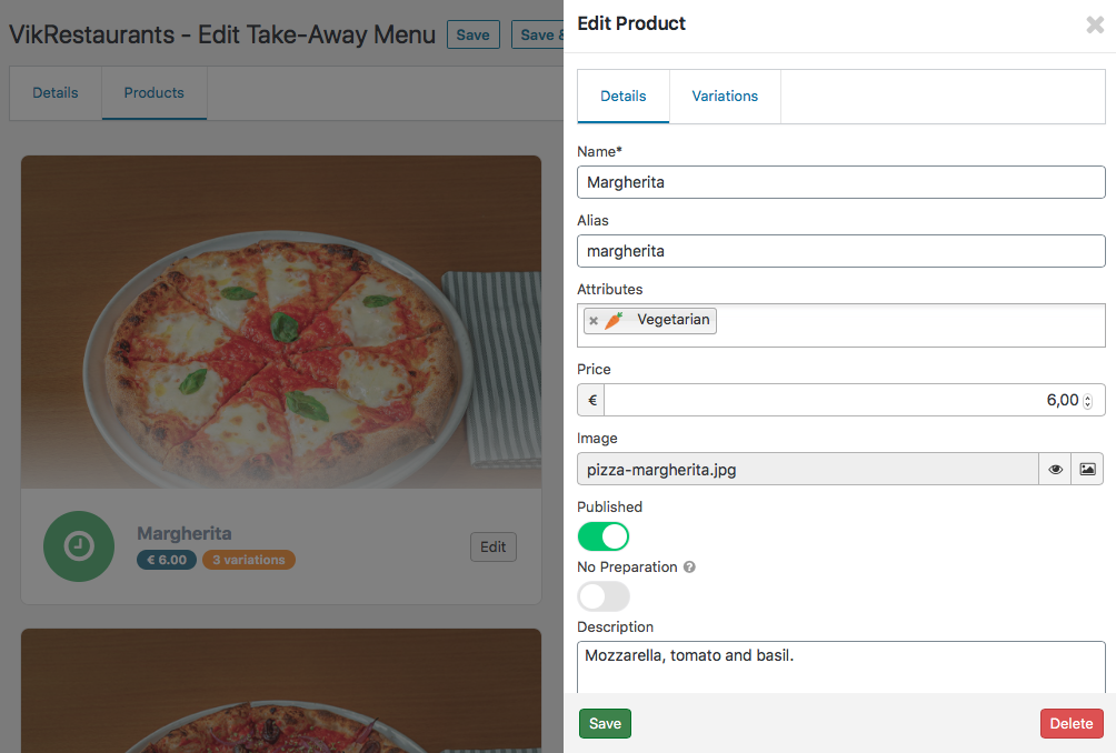 VikRestaurants - Menu Product Management