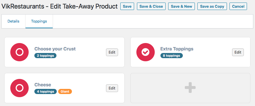 VikRestaurants - Product Toppings Groups