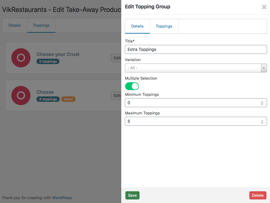 VikRestaurants -  Toppings Group Management