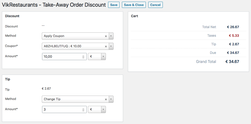 VikRestaurants - Take-Away Order Bill