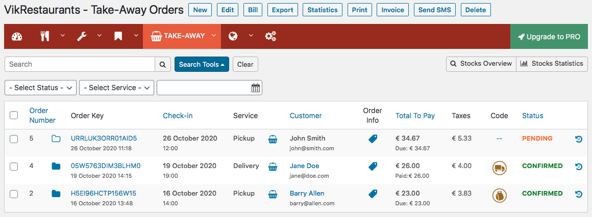 VikRestaurants - Take-Away Orders List