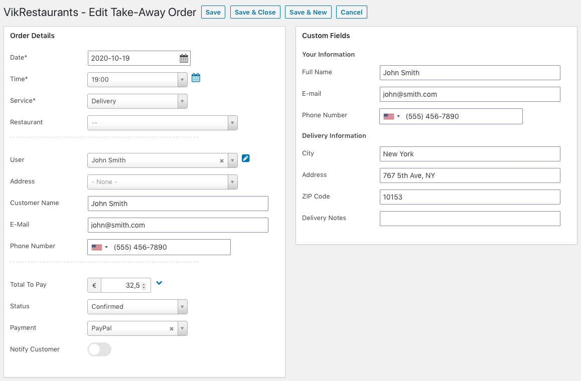 VikRestaurants - Take-Away Order Management