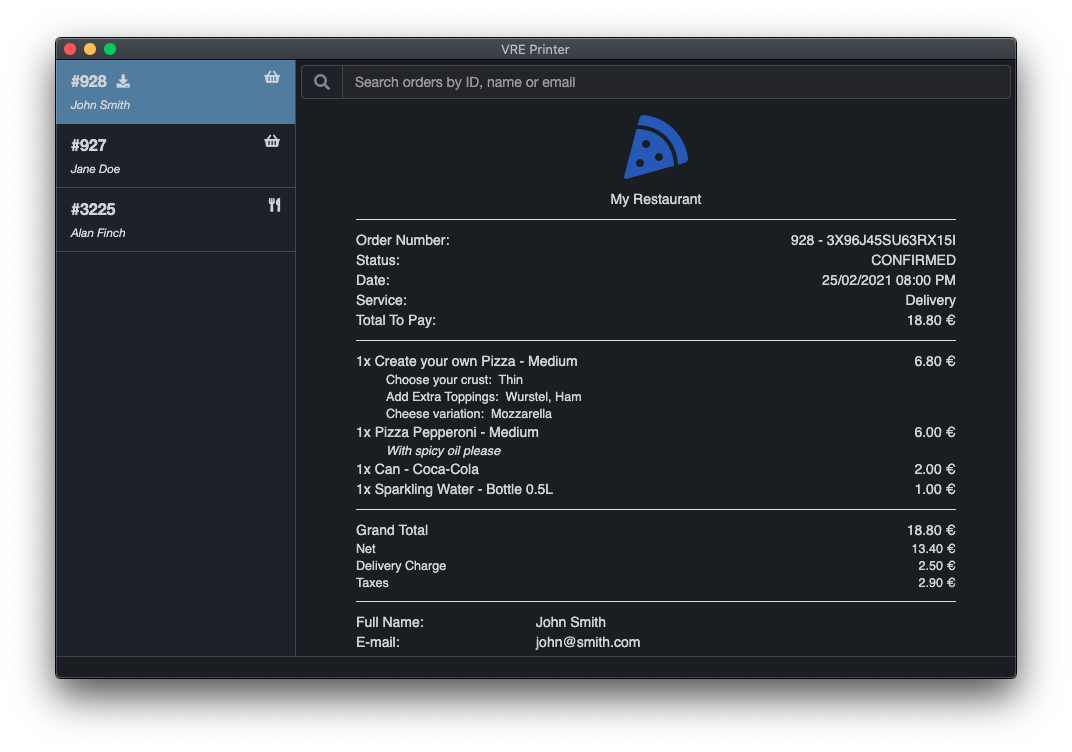 VRE Printer - Window - Dark Mode